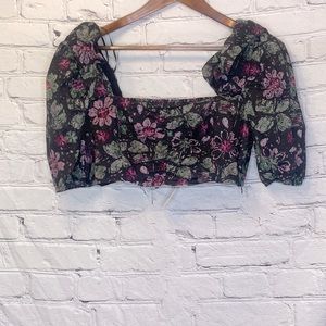 Zara Black Pink Floral Long Sleeve Cropped Top Size Medium & Large